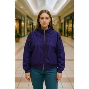FuDa Silk Windbreaker Jacket Purple Womens PL‎ Full Zip Studded Quilted Vtg 90s